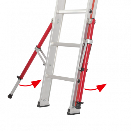 Einklappbare Stützen für eine schlanke Leiter beim Transport