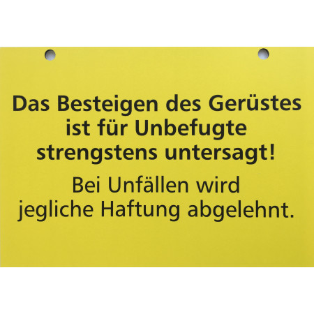Gelbes Hinweisschild / Warntafel für Gerüste