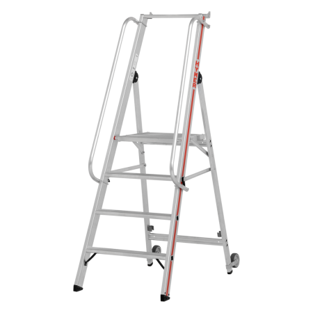 Scala a piattaforma con lunghi corrimano e rulli per spostamento
