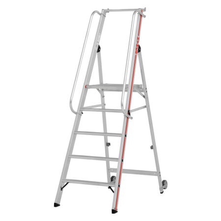 Scala a piattaforma con lunghi corrimano e rulli per spostamento